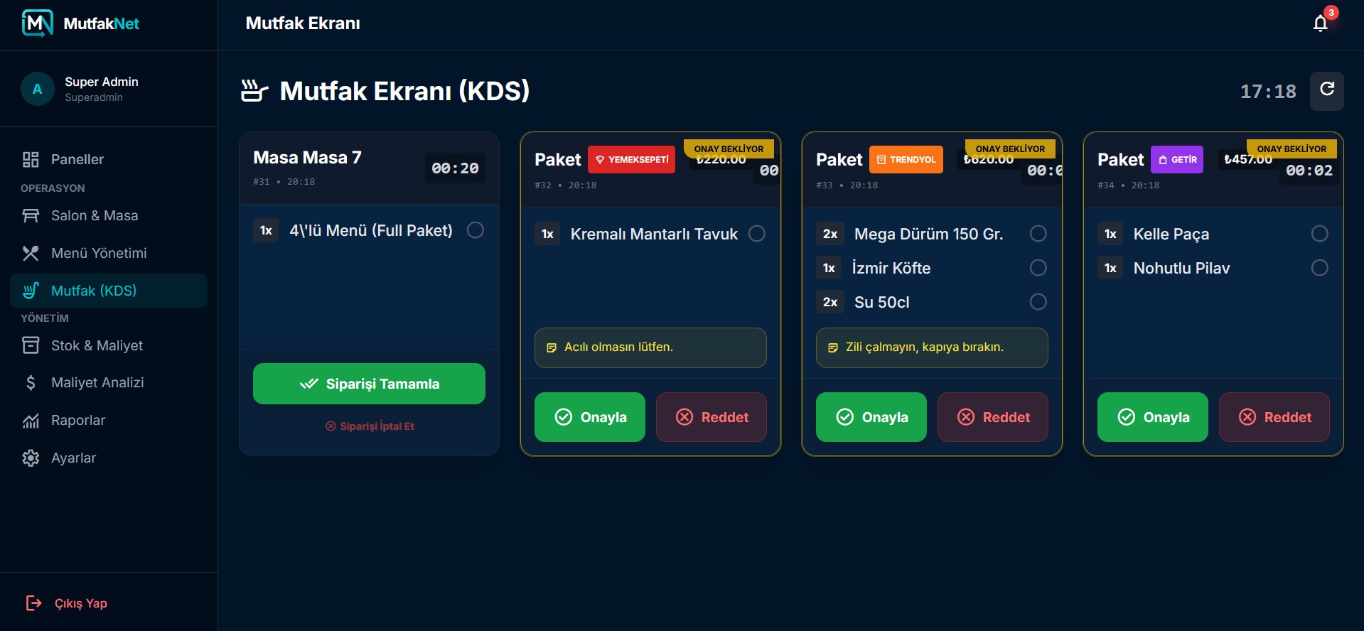 KDS Mutfak Ekranı